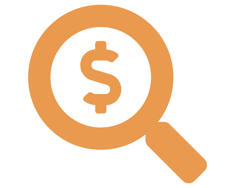 Magnifying glass with money sign inside icon